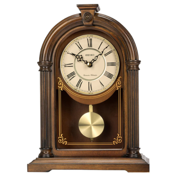 QXQ036B Vertical Brown Wooden Dual Chimes Table Top Clock with Pendulum